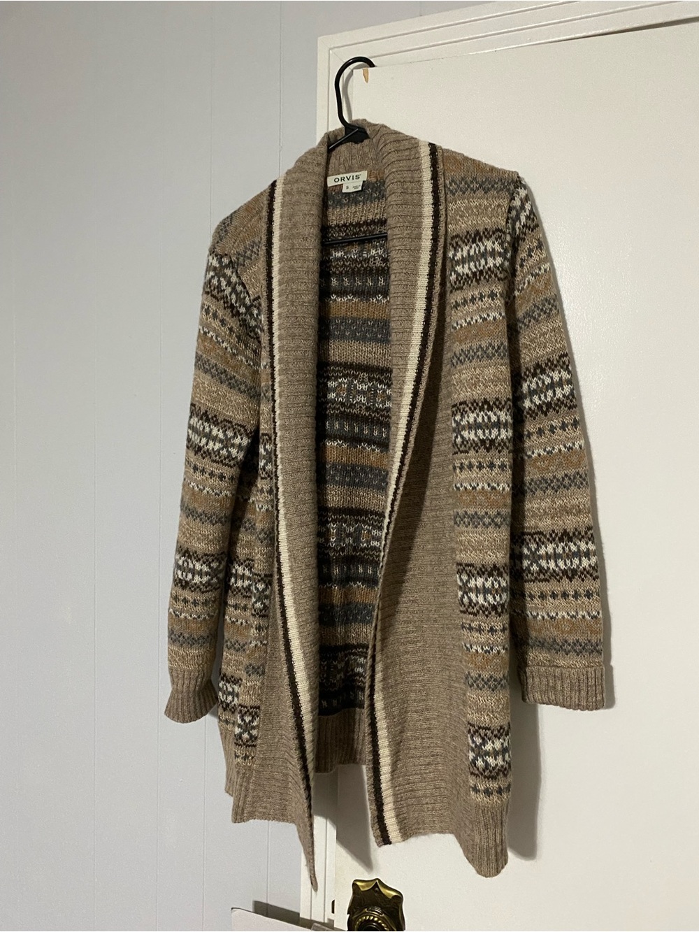 Orvis Women’s small Shawl Collar Fair Isle Cardigan Sweater - Taupe Multi